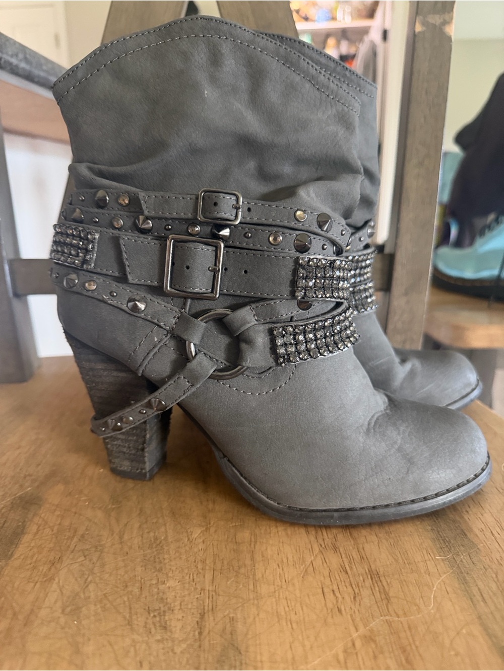 Not Rated Gray Studded Slouch Heel Ankle Boots